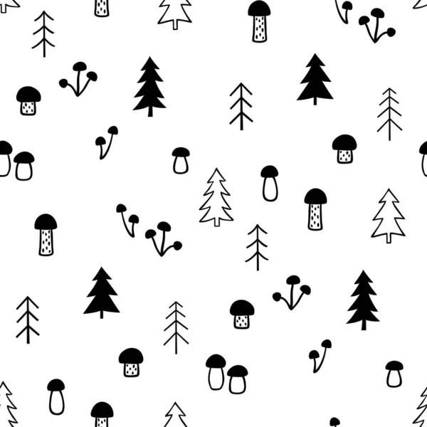 Black White Seamless Forest Pattern Trees Mushrooms — Stock Vector