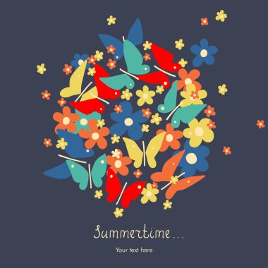 Üzerinde çiçekler ve kelebekler olan bir kart.