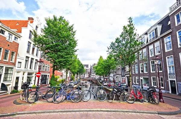 Bisiklet üzerinde köprü Amsterdam, Hollanda — Stok fotoğraf