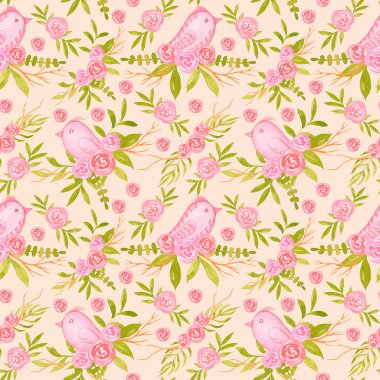 Çiçeksiz desenli suluboya pembe Paskalya kuşları. Kumaş baskıları, tekstil, tebrik kartları, davetiyeler için el çizimi bahar arkaplanı.