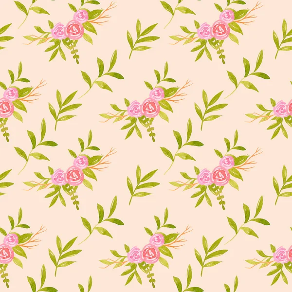 緑の葉のシームレスなパターンと水彩ピンクの花の花束 布プリント テキスタイル グリーティングカード 招待状のための手描きの春の背景 — ストック写真