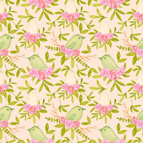 Aquarell Grüne Ostervögel Mit Floralen Sträußen Mit Nahtlosem Muster Handgezeichneter — Stockfoto