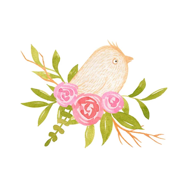 Aquarel Kleine Beige Vogeltjes Met Roze Bloemboeketten Met Hand Getekend — Stockfoto