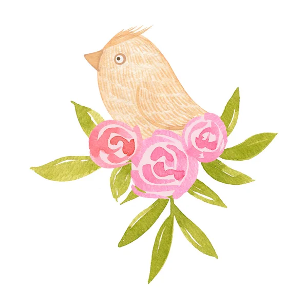 Pembe Çiçek Buketli Suluboya Küçük Bej Kuşlar Çizimi Bahar Kompozisyonu — Stok fotoğraf