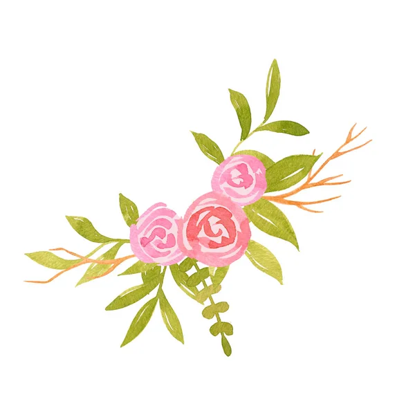 Acuarela Ramo Flores Color Rosa Con Ramitas Ilustración Floral Primavera — Foto de Stock