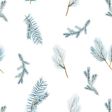 Suluboya kış köknar ağacı dalları pürüzsüz bir desen oluşturur. El çizimi Noel ladini, çam ağacı dalları tebrik kartları, davetiyeler, kış tatili parti dekorasyonu..
