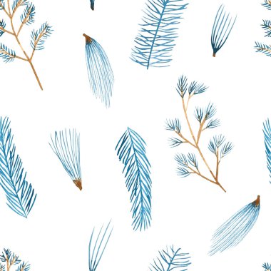 Suluboya kış köknar ağacı dalları pürüzsüz bir desen oluşturur. El çizimi Noel ladini, çam ağacı dalları tebrik kartları, davetiyeler, kış tatili parti dekorasyonu..