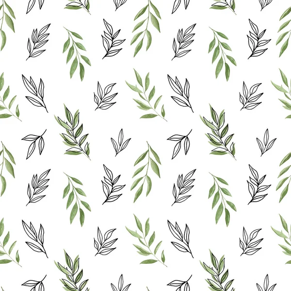 Watercolor Green Watercolor Olive Leaves Black Line Leaves Seamless Pattern — Stock Photo, Image