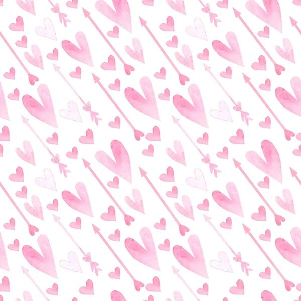 Απρόσκοπτη Μοτίβο Ροζ Ακουαρέλα Ζωγραφισμένες Καρδιές Και Βέλη Του Έρωτα — Φωτογραφία Αρχείου