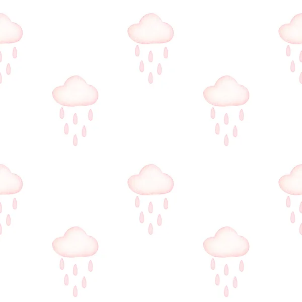 Watercolor pink clouds with raindrop sky seamless pattern. Pastel cloud background. Rainbow kids fabric. Perfect for baby shower party decor, planner cover, scrapbook paper and other.