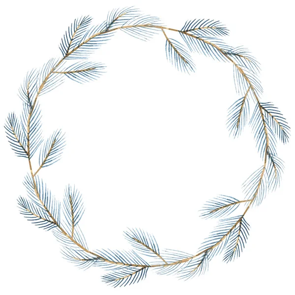 Akvarel Modrá Zimní Ručně Kreslené Věnec Vánoční Ilustrace Izolované Bílém — Stock fotografie