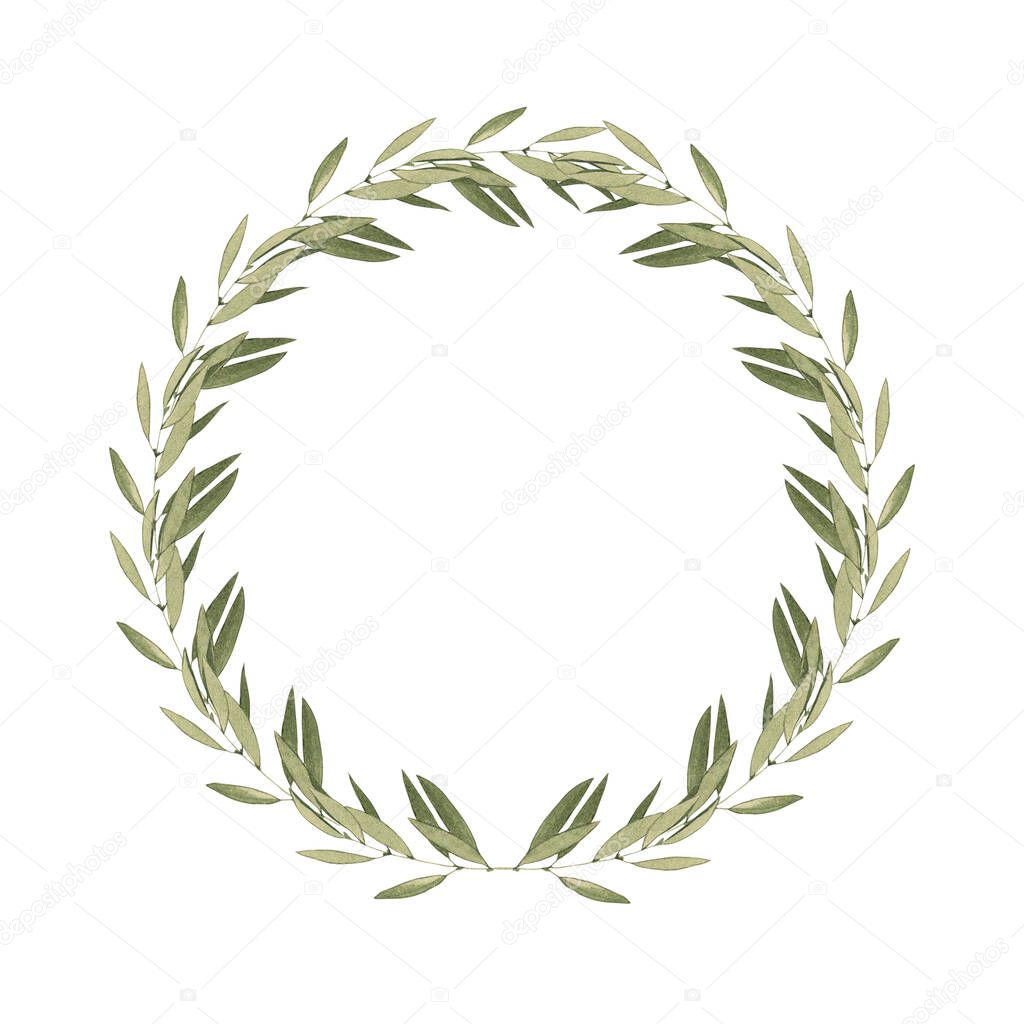 Watercolor green leaves hand drawn wreath. Christmas round frame illustration isolated on white. Perfect for greeting cards, invitation, winter wedding decor and other DIY projects.