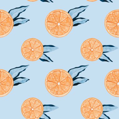 Suluboya narenciye. Mavi yapraklı portakallar. Citrus meyve kumaşı baskısı, albüm kağıdı, planlayıcı kapağı arka planı.