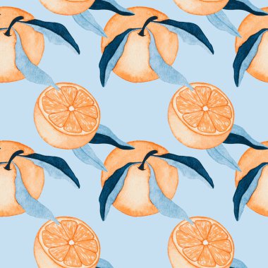 Suluboya narenciye. Mavi yapraklı portakallar. Citrus meyve kumaşı baskısı, albüm kağıdı, planlayıcı kapağı arka planı.