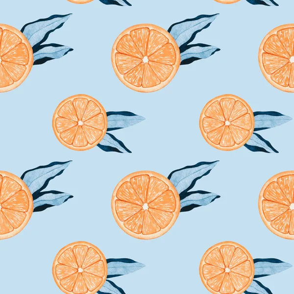 Watercolor citrus summer seamless pattern. Hand drawn oranges with blue leaves . Citrus fruit fabric print, scrapbook paper, planner cover background.