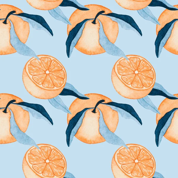 水彩柑橘類の夏シームレスパターン 青の葉でオレンジを手描き 柑橘類の果物の生地の印刷 スクラップブックの紙 プランナーカバーの背景 — ストック写真