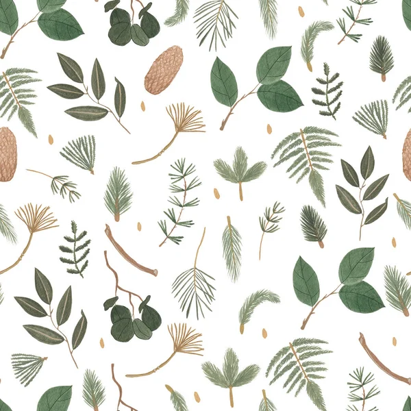 Forest Greenery Seamless Pattern Hand Drawn Green Botanical Background Pine — Stock Photo, Image