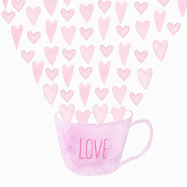 Щаслива Рука Валентина Намальована Акварельна Ілюстрація Рожевою Чашкою Рожеві Серця — стокове фото