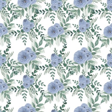 Mavi ve mor gül buketli suluboya desenli. El çizimi yaz çiçekleri ambalaj kağıdı, kumaş baskısı, düğün davetiyesi, tebrik kartları ve diğer şeyler için mükemmel..