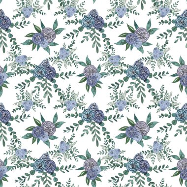 Mavi ve mor gül buketli suluboya desenli. El çizimi yaz çiçekleri ambalaj kağıdı, kumaş baskısı, düğün davetiyesi, tebrik kartları ve diğer şeyler için mükemmel..