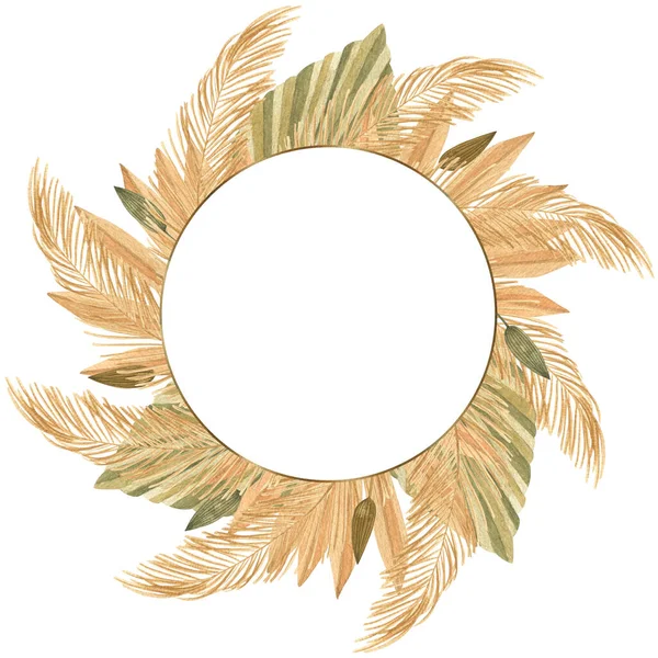 Akvarelový Kruhový Rám Sušenými Tropickými Palmovými Listy Květinami Boho Stylu — Stock fotografie
