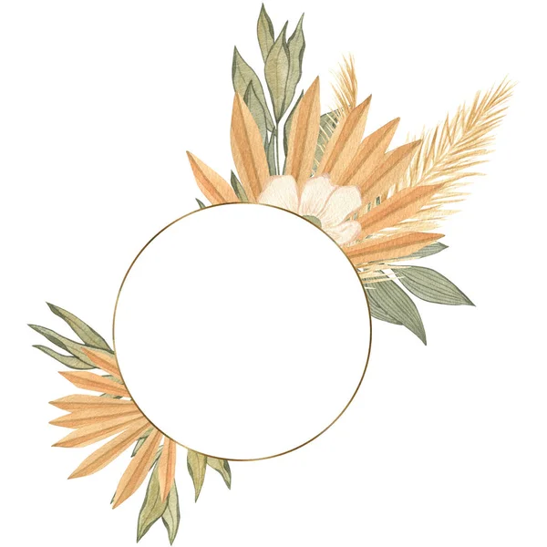 Akvarelový Kruhový Rám Sušenými Tropickými Palmovými Listy Květinami Boho Stylu — Stock fotografie