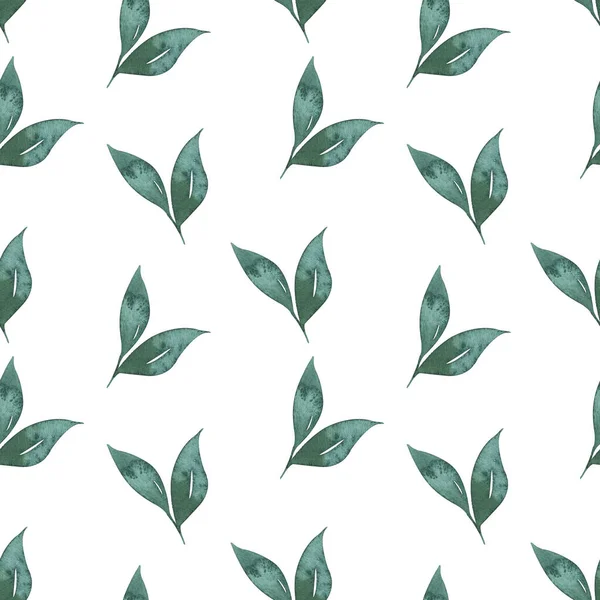 Акварельний Безшовний Візерунок Розфарбованим Зеленим Листям Літній Ботанічний Фон Ідеально — стокове фото