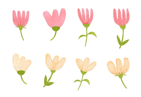 Akvarell Kis Tavaszi Stilizált Virágok Készlet Kézzel Rajzolt Rózsaszín Bézs — Stock Fotó