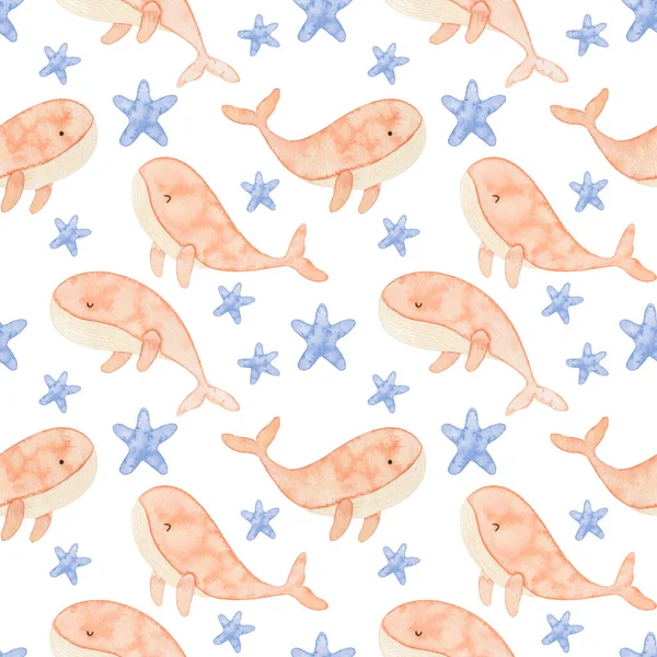 Seamless Pattern Cute Watercolor Pastel Peach Whales Blue Star Sea — Stock Photo, Image