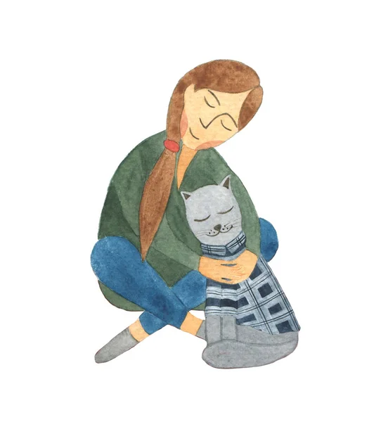 水彩画与女孩拥抱灰色的猫在格子衬衫 手绘舒适的家 保暖保暖 贴图贴出明信片 — 图库照片