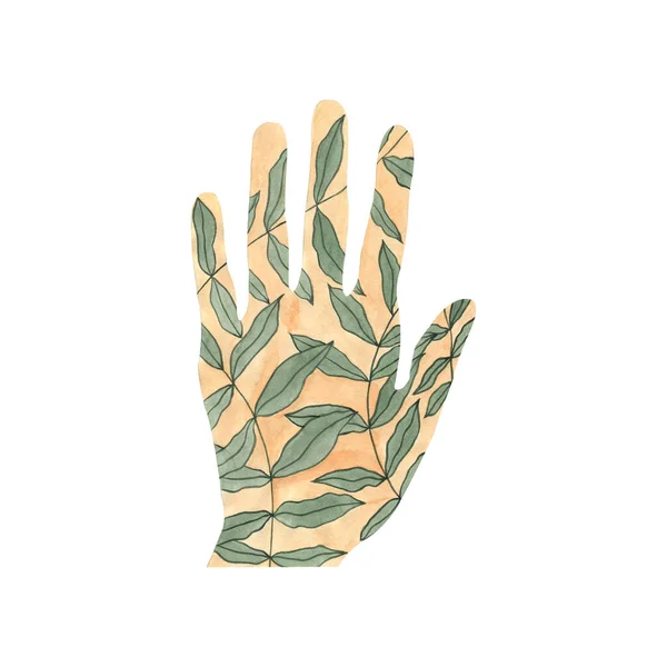 Mão Humana Aquarela Com Folhas Verdes Ilustração Criativa Pintada Mão — Fotografia de Stock