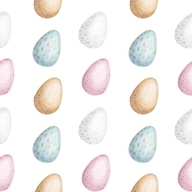 Modern renkli yumurtalarla suluboya Paskalya desenleri. Tebrik kartı, davet, kumaş baskısı için el çizimi arkaplan.