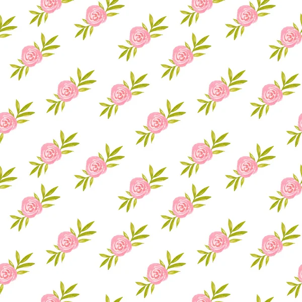 Akvarell Zökkenőmentes Minta Rózsaszín Virágok Zöld Levelek Kézzel Rajzolt Tavaszi — Stock Fotó