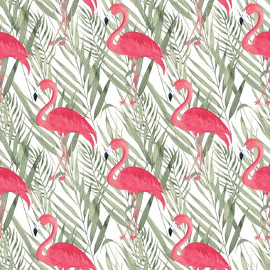 Flamingo ve tropikal yeşil yapraklı suluboya desenli. Egzotik kuş yaz arkaplanı. Kumaş baskısı, tekstil, ambalaj kağıdı için mükemmel.