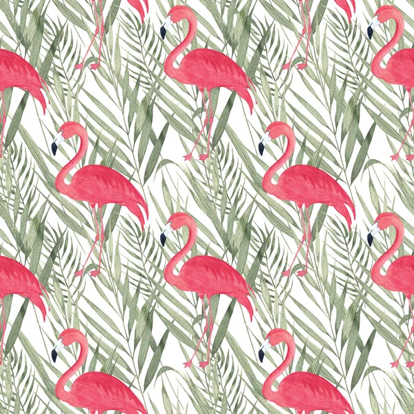 Akvarell Sömlöst Mönster Med Flamingo Och Tropiska Gröna Blad Exotisk — Stockfoto