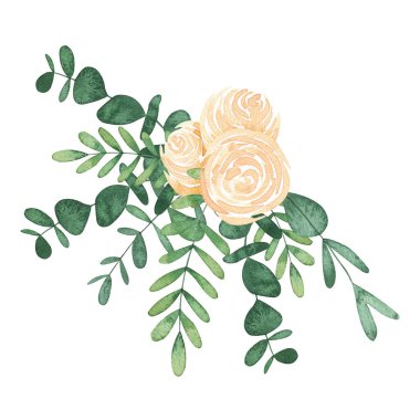 Okaliptüs yapraklı suluboya şeftalili gül buketi. Düğün davetiyesi, tebrik kartları ve diğer DIY projeleri için el çizimi bahar illüstrasyonu.