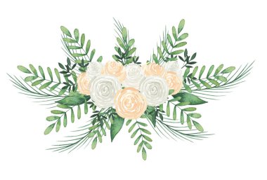 Suluboya şeftali ve okaliptüs yapraklı beyaz gül buketi. Düğün davetiyesi, tebrik kartları ve diğer DIY projeleri için el çizimi bahar illüstrasyonu.