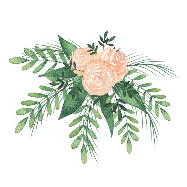 Akwarela Różowy Bukiet Róż Liści Eukaliptusa Ręcznie Rysowane Wiosenne Ilustracje — Zdjęcie stockowe