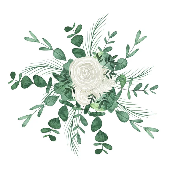 Bouquet Roses Blanc Aquarelle Aux Feuilles Eucalyptus Illustration Printemps Dessinée — Photo