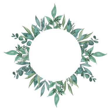 Suluboya yeşillik yuvarlak çerçeve. Düğün davetiyesi, tebrik kartları ve diğer şeyler için el çizimi yaz botanik illüstrasyonu.