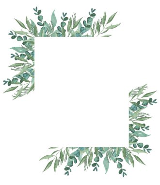 Suluboya yeşillik kare çerçeve. Düğün davetiyesi, tebrik kartları ve diğer şeyler için el çizimi yaz botanik illüstrasyonu.