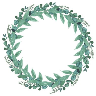 Yeşillik çelengi. Düğün davetiyesi, tebrik kartları ve diğer şeyler için el çizimi yaz botanik illüstrasyonu.