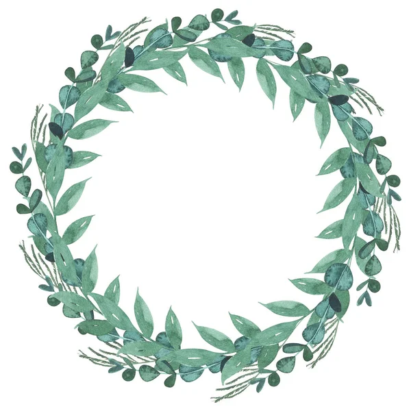 Watercolor greenery wreath. Hand drawn summer botanical illustration for wedding invitation, greeting cards and other.