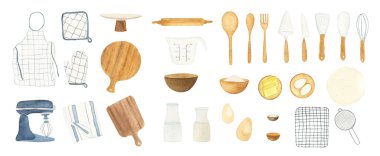 Suluboya fırın malzemeleri ve yemek malzemeleri koleksiyonu. Fırın logosu, menüsü ve diğer DIY projeleri için el çizimi izole tasarım unsurları.