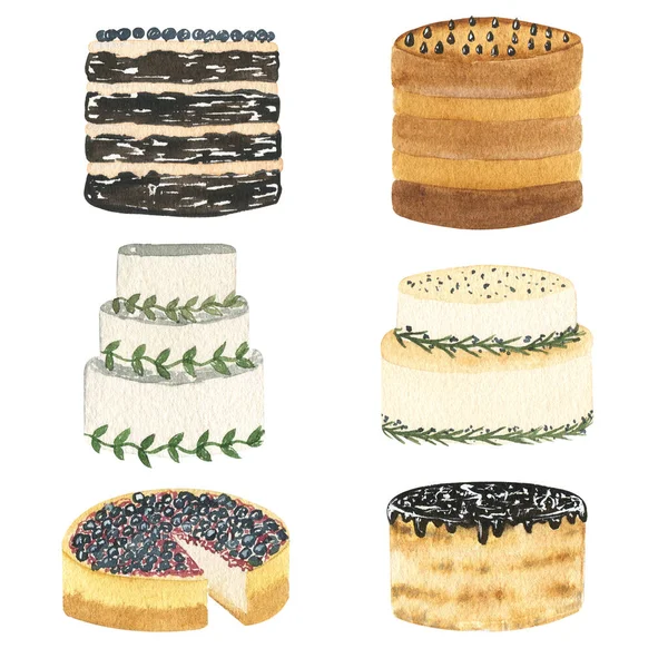 Watercolor sweet cakes and pies set. Hand drawn food illustration isolated on white for bakery logo, menu, greeting card, postcard and other.