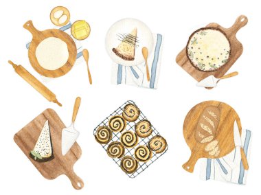 Pasta, un, ekmek ve suluboya kompozisyonlar. Yemek blogu, pastane logosu, menü, kafe posteri ve diğer şeyler için el çizimi tatlı yemek düz çizim.