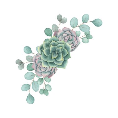 Watercolor succulent floral bouquet with eucalyptus leaves. Hand drawn summer greenery illustration for wedding invitation, greeting card, posters, logo design and other.