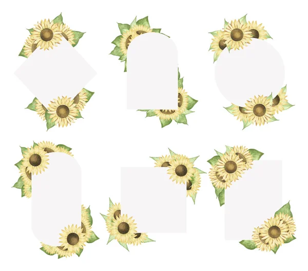 Zestaw Akwarelowych Ramek Słonecznikowych Ręcznie Rysowane Letnie Elementy Dekoracyjne Zaproszenie — Zdjęcie stockowe