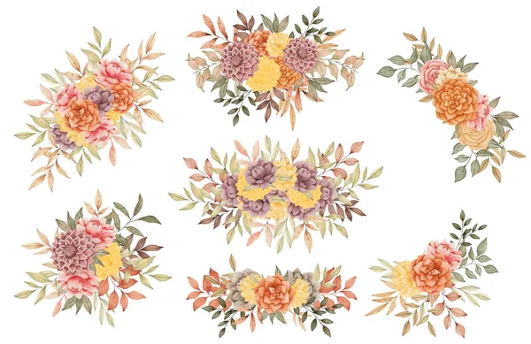 Bukiety Wodospadowe Ustawione Ręcznie Rysowane Jesienne Kompozycje Kwiatów Ciepłym Kolorze — Zdjęcie stockowe