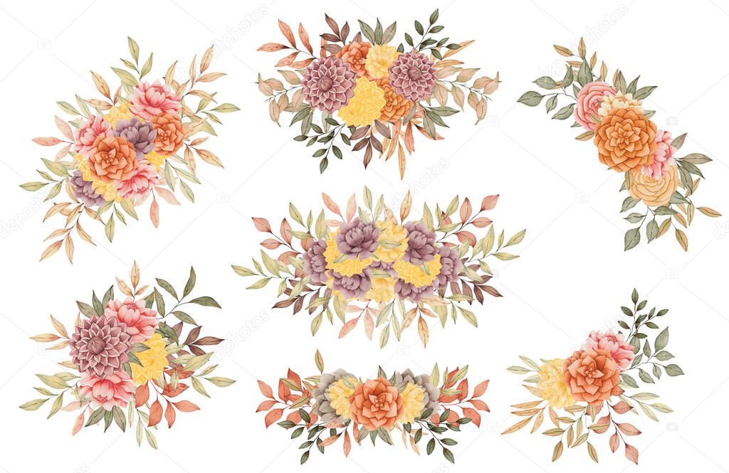 Watercolor fall bouquets set. Hand drawn autumn arrangements of flowers in warm color. Perfect for wedding invitations, greeting cards, postcards and other.